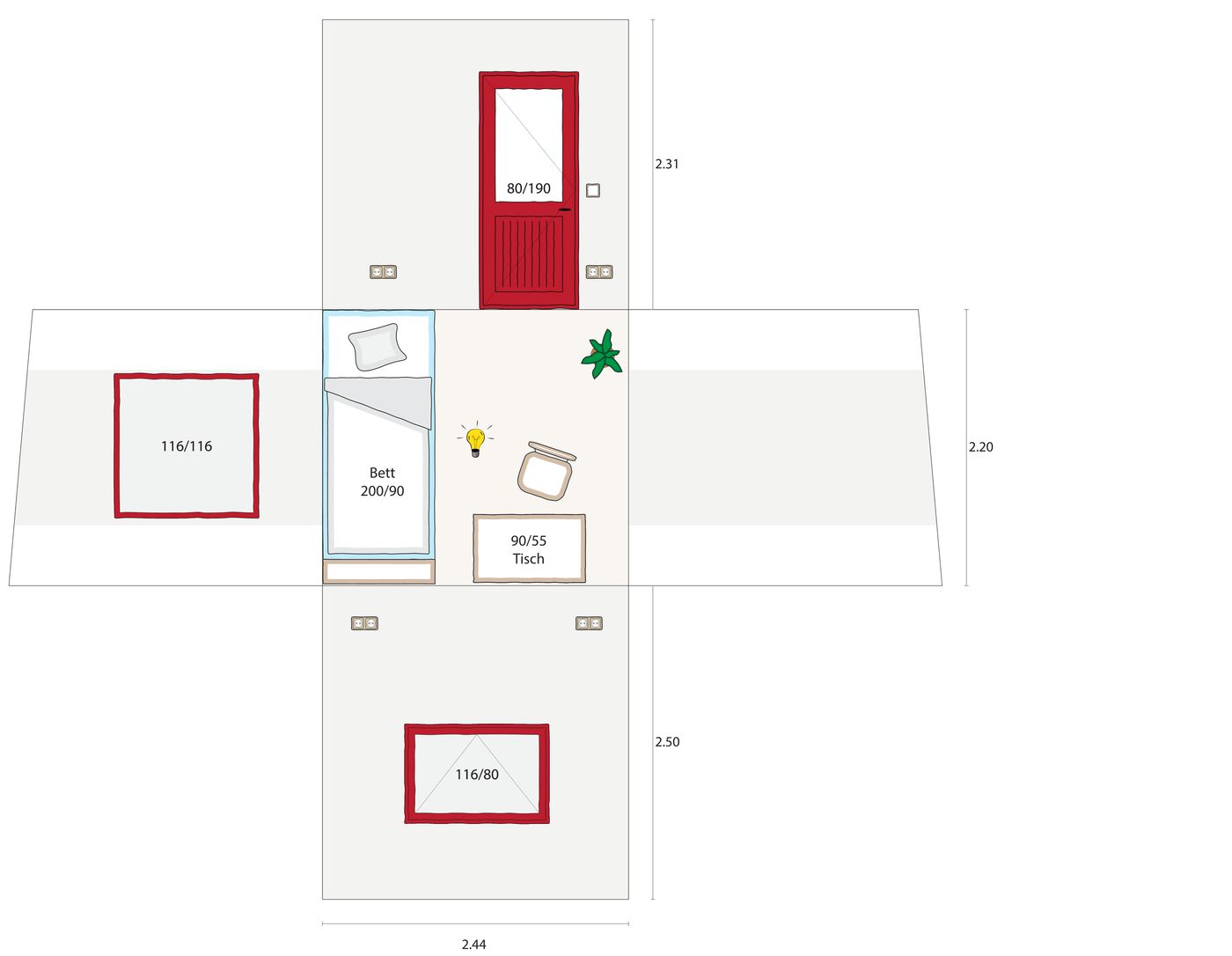 Aufgeklappter Grundriss eines LandAnker mit eingeklebter Tür, zwei Fenstern, Bett und Tisch
